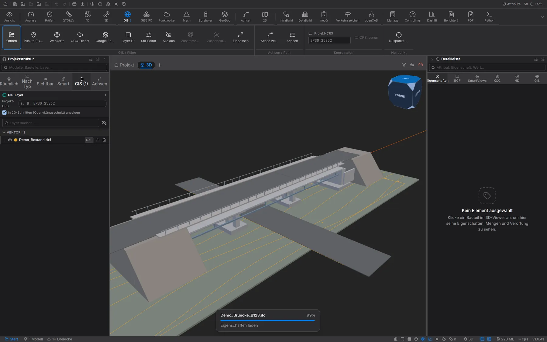 3D-Ansicht mit Bestandsplan, Höhenlinien und Modell
